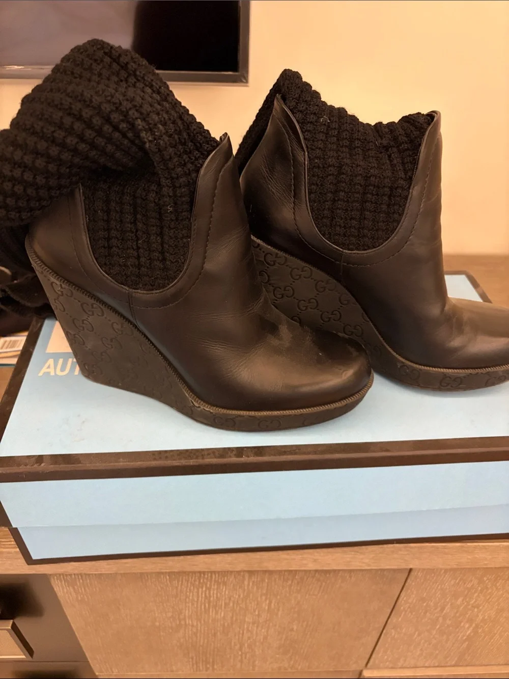 Gucci Guccissima Embossed Leather & Ribbed Knit Wedge Boots